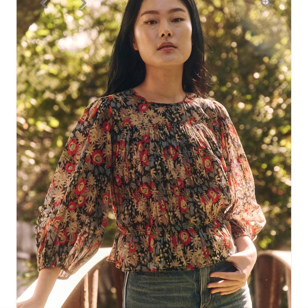THE GREAT. Floral Sheer Puff Sleeve Blouse in Black, Red, Cream